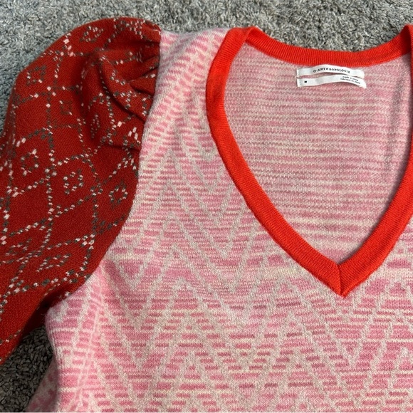 Anthropologie Cherie Puff Sleeve Sweater Medium Red pink cozy v-neck soft boho - Picture 7 of 14